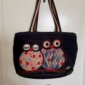 Whimsical Black Owl Tote Bag with Brown Handles
